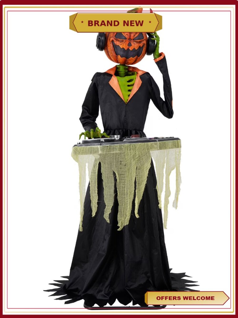 Animated DJ Jack Halloween Outdoor Decor 72in with Turntable LED Lights